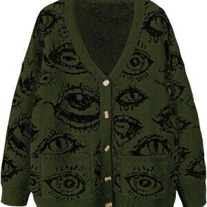 Women's Plus Size Button Down Eye Print Goth Cardigan Grunge Punk Sweater Outerw